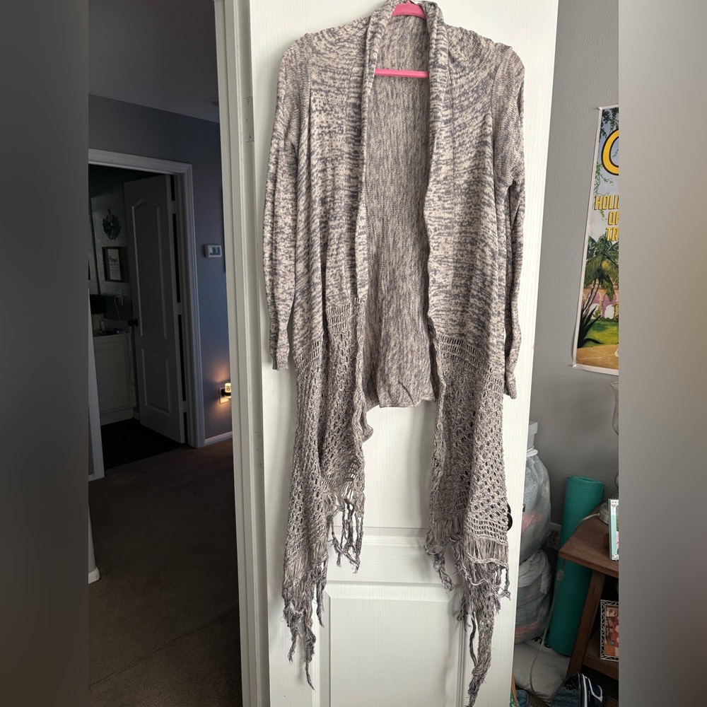 ANGL Marled Gray Open-Front Cardigan with Fringe